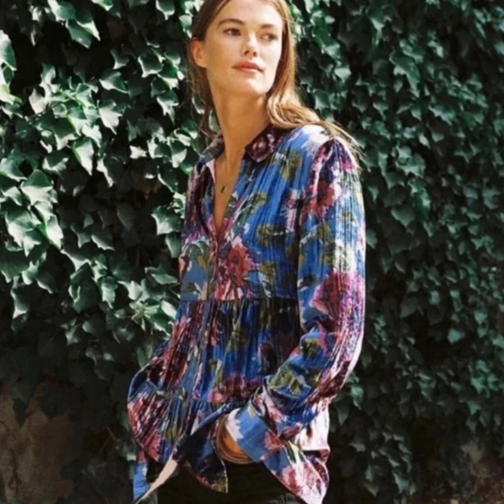 Anthropologie Maeve Reverie Tiered Velvet Floral Tunic Top Size XS